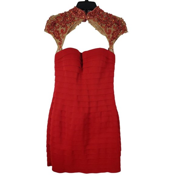 Sherri Hill Red Beaded Bandage Formal Cocktail Holiday Party Homecoming Dress 8 - Picture 1 of 11